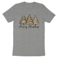 Grey t-shirt with three leopard print Christmas trees and "Merry Christmas" text.