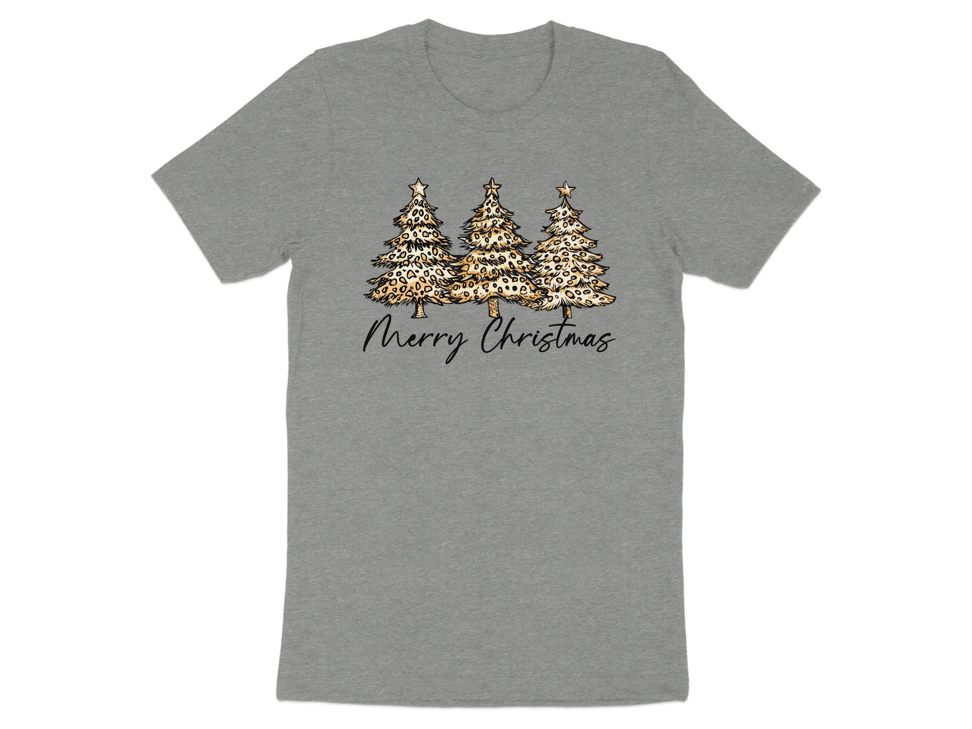 Grey t-shirt with three leopard print Christmas trees and "Merry Christmas" text.