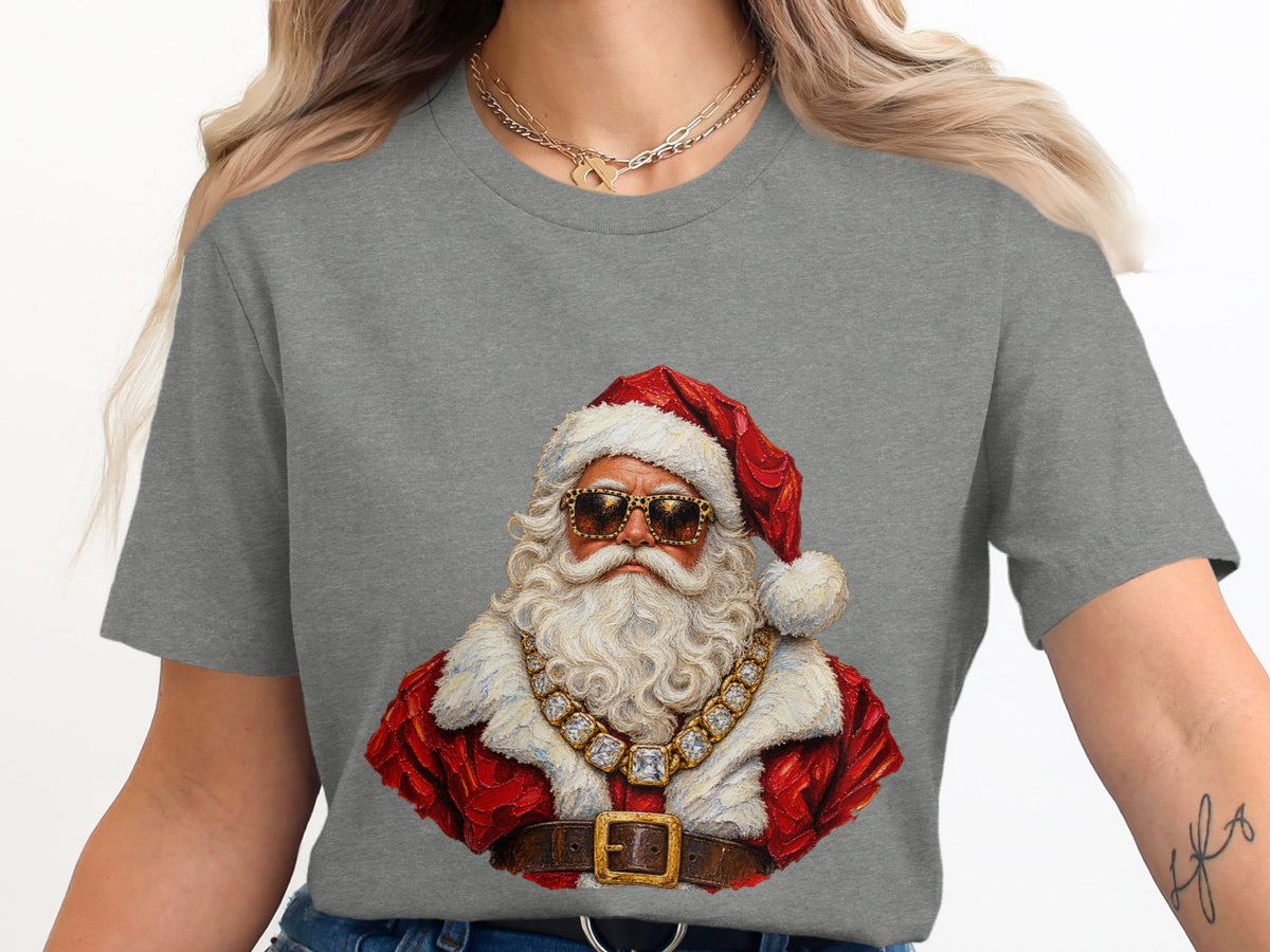 Graphic of Santa Claus wearing sunglasses and a diamond necklace on a gray t-shirt.