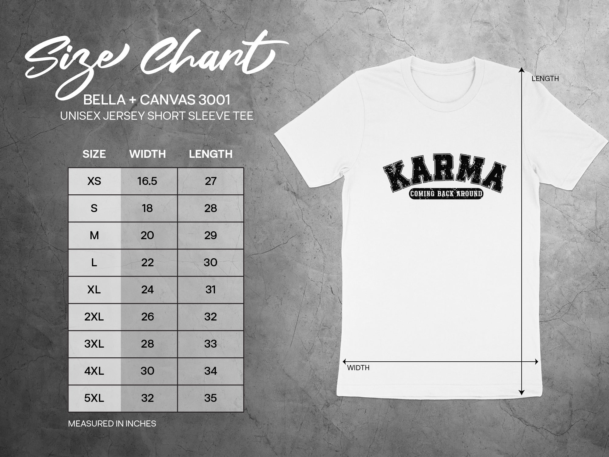 BELLA + CANVAS 3001 unisex short sleeve tee size chart with dimensions.