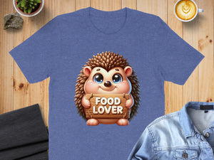 Blue t-shirt with cartoon hedgehog holding "FOOD LOVER" sign