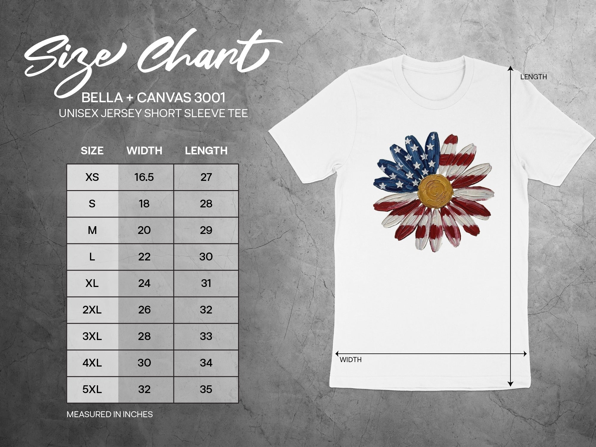 Size chart for Bella + Canvas 3001 unisex short sleeve tee, measured in inches.