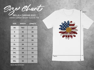 Size chart for Bella + Canvas 3001 unisex short sleeve tee, measured in inches.