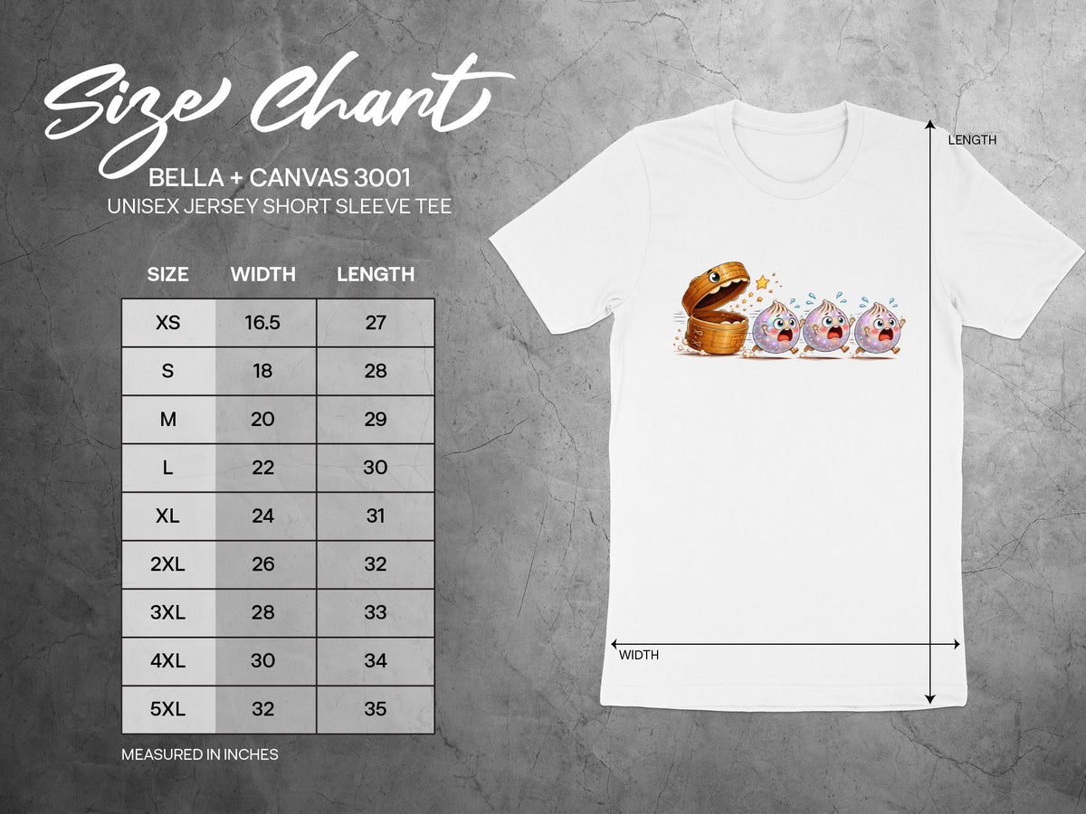 Size chart for Bella + Canvas 3001 unisex jersey short sleeve tee.