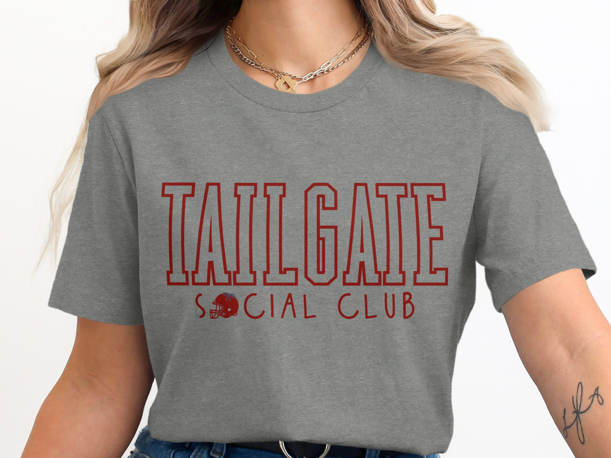 Grey t-shirt with red text "TAILGATE SOCIAL CLUB" and a football helmet graphic.