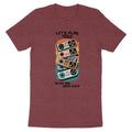 Maroon t-shirt with stacked video game controllers and text "LET'S PLAY NOW! NEVER SAY GAME OVER!".