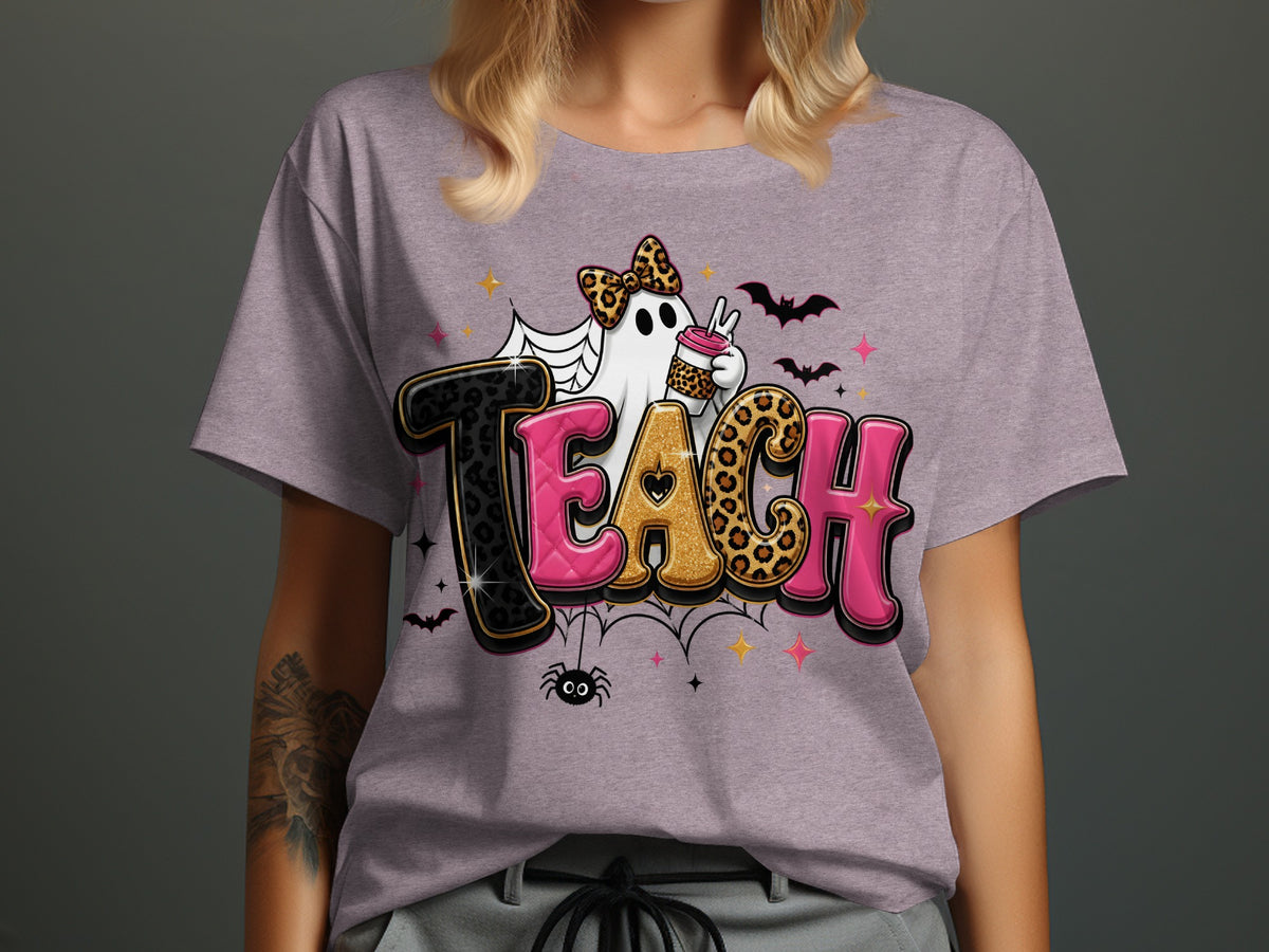 Ghost with leopard bow holds coffee cup, text reads TEACH.