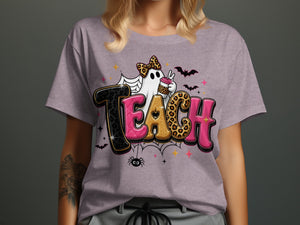 Ghost with leopard bow holds coffee cup, text reads TEACH.