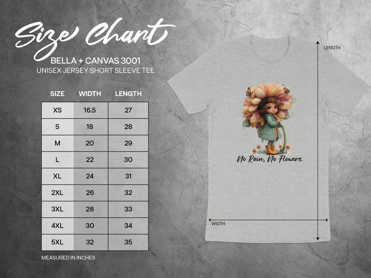 Size chart for Bella + Canvas 3001 Unisex Jersey Short Sleeve Tee.