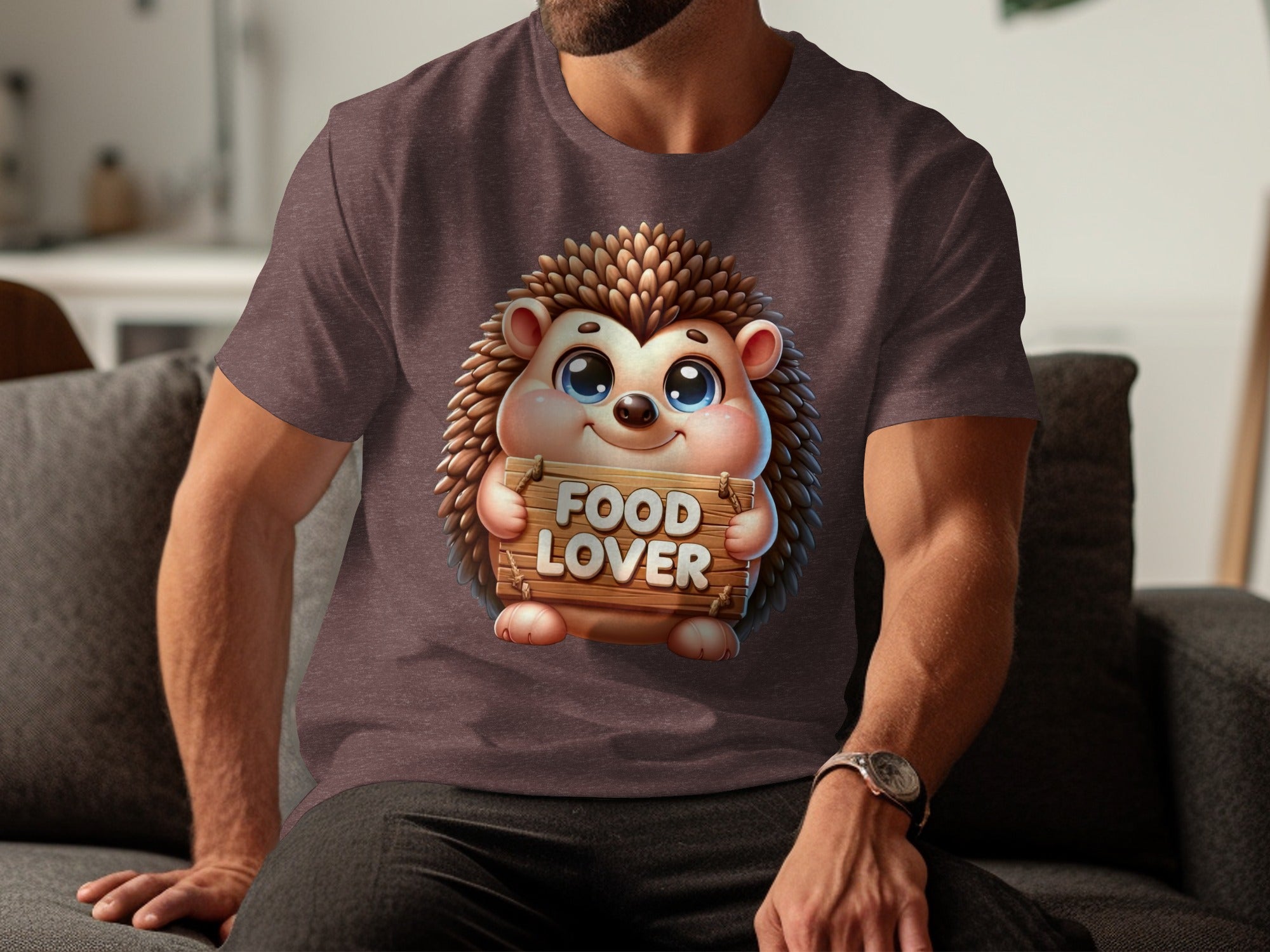 Cartoon hedgehog holding a wooden sign that says "FOOD LOVER".