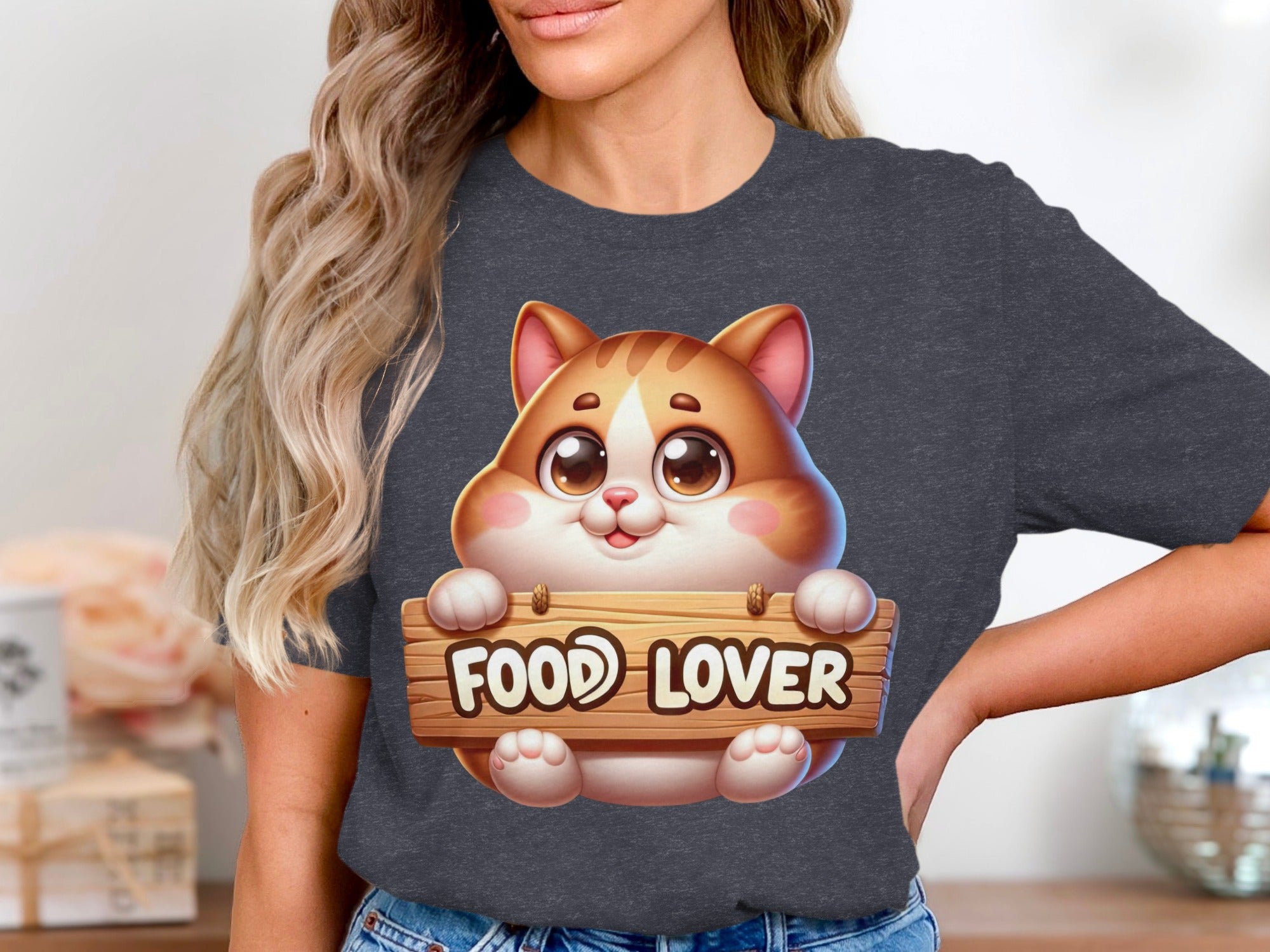Cute cartoon cat holds wooden sign that says "FOOD LOVER"