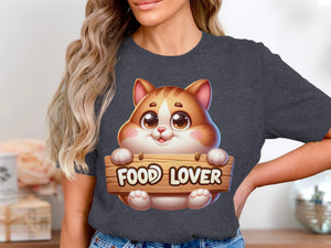 Cute cartoon cat holds wooden sign that says "FOOD LOVER"