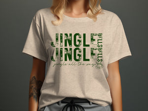 Light beige t-shirt with green text "Jingle Jingle" and "Jingle all the way".