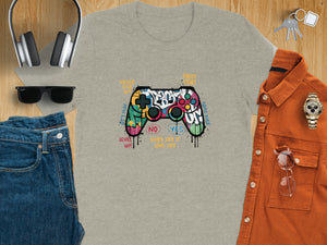 Gray t-shirt with graffiti-style video game controller graphic and text.