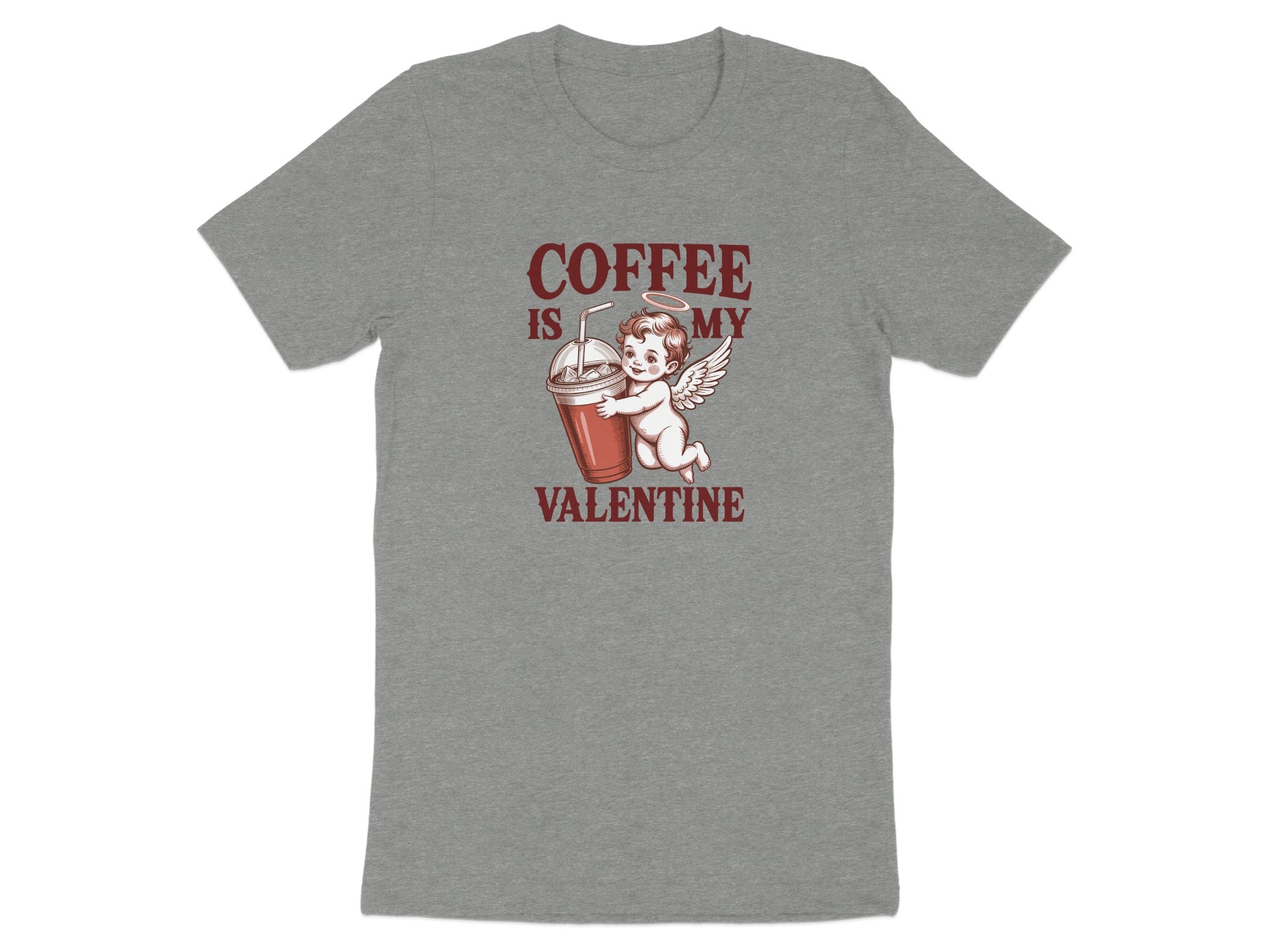 Grey t-shirt with "Coffee is my Valentine" and cupid holding coffee cup graphic.