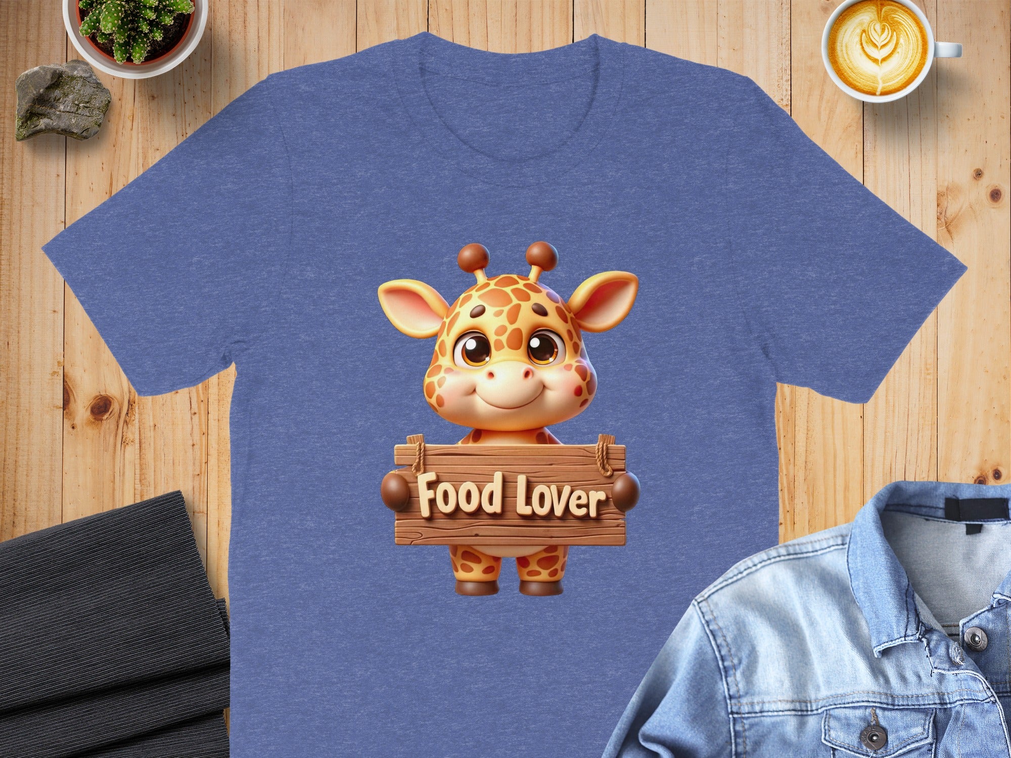 Cute cartoon giraffe t-shirt design with "Food Lover" text on a wooden sign.
