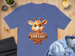 Cute cartoon giraffe t-shirt design with "Food Lover" text on a wooden sign.