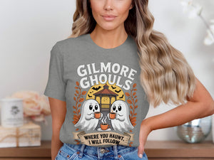 Two ghosts drink coffee with text "Gilmore Ghouls Where You Haunt, I Will Follow."