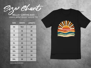 BELLA+CANVAS 3001 Unisex Jersey Short Sleeve Tee size chart with width and length measurements.