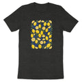 Dark gray t-shirt with a pattern of yellow lemons and green leaves on blue stripes.