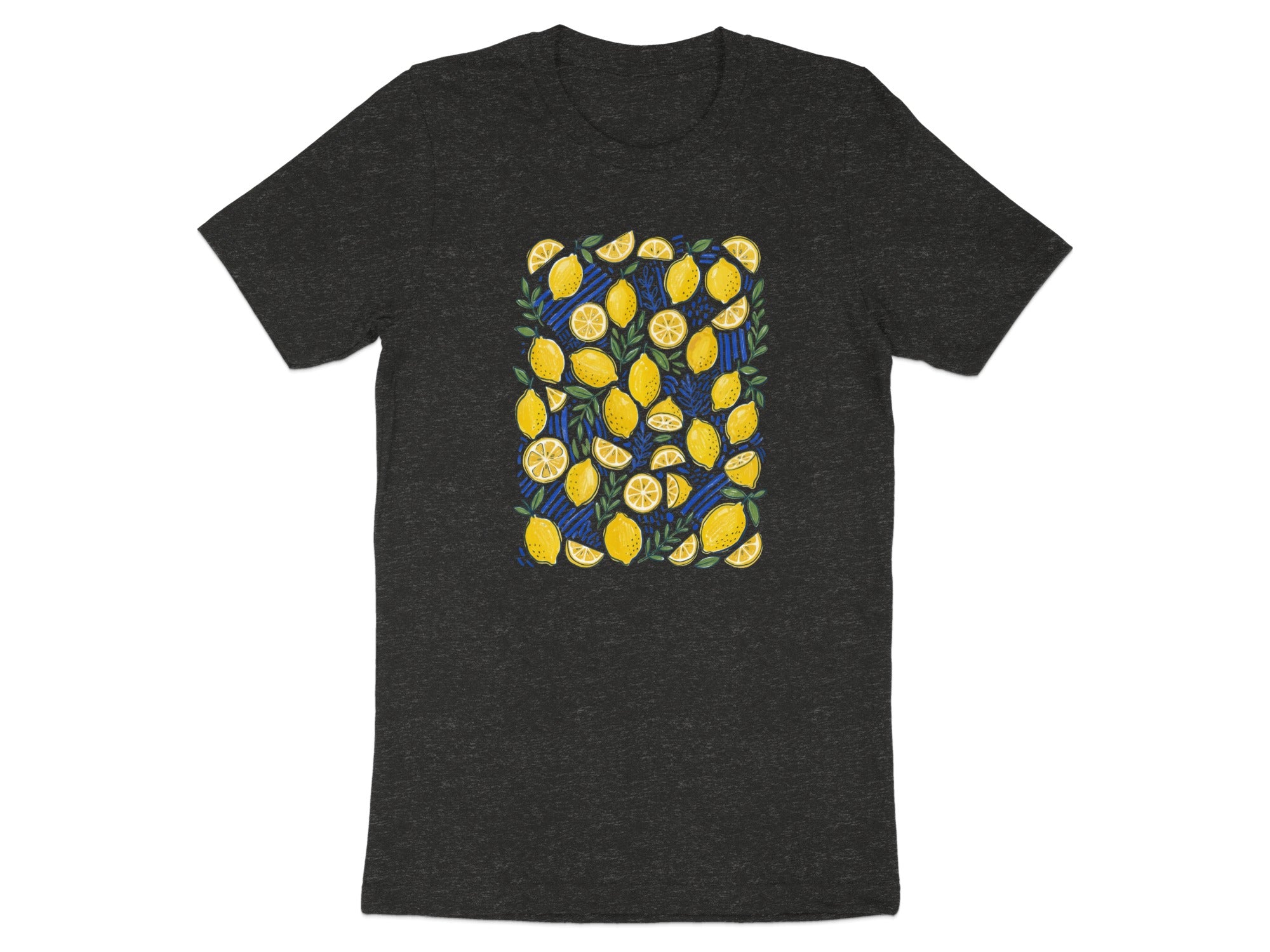 Dark gray t-shirt with a pattern of yellow lemons and green leaves on blue stripes.