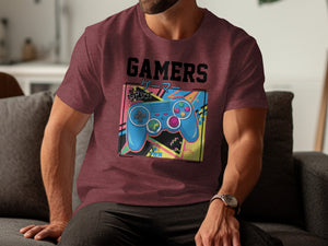 Burgundy t-shirt with "GAMERS" text and a colorful video game controller graphic.