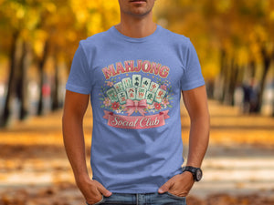 Mahjong Social Club graphic on a blue t-shirt with flowers and ribbon.