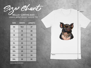 Size chart for a Bella + Canvas 3001 t-shirt displaying a pig wearing sunglasses and jewelry.