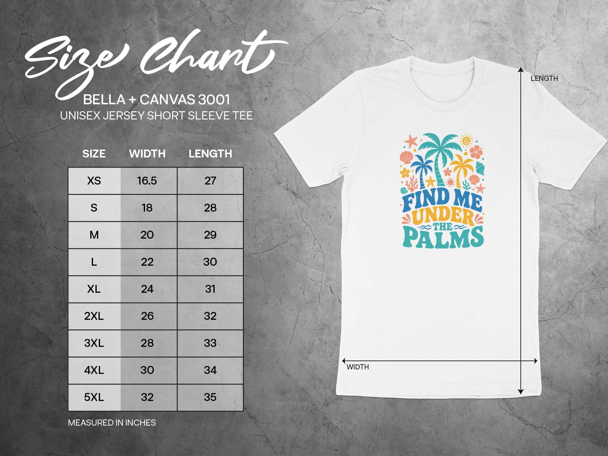 Bella + Canvas 3001 unisex tee size chart with width and length measurements in inches.