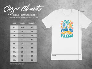 Bella + Canvas 3001 unisex tee size chart with width and length measurements in inches.
