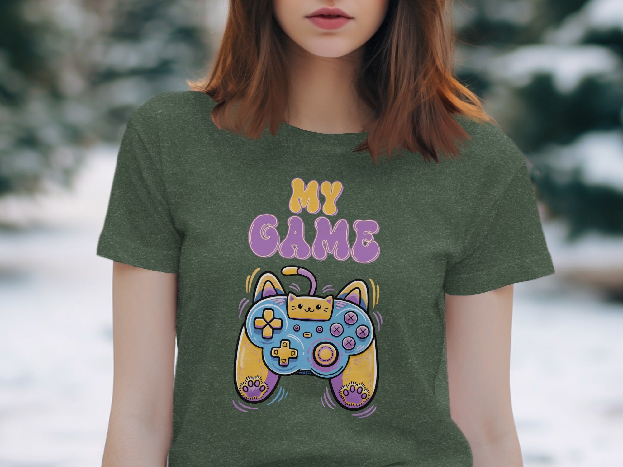 Green t-shirt with "MY GAME" text and a cat-themed video game controller graphic.