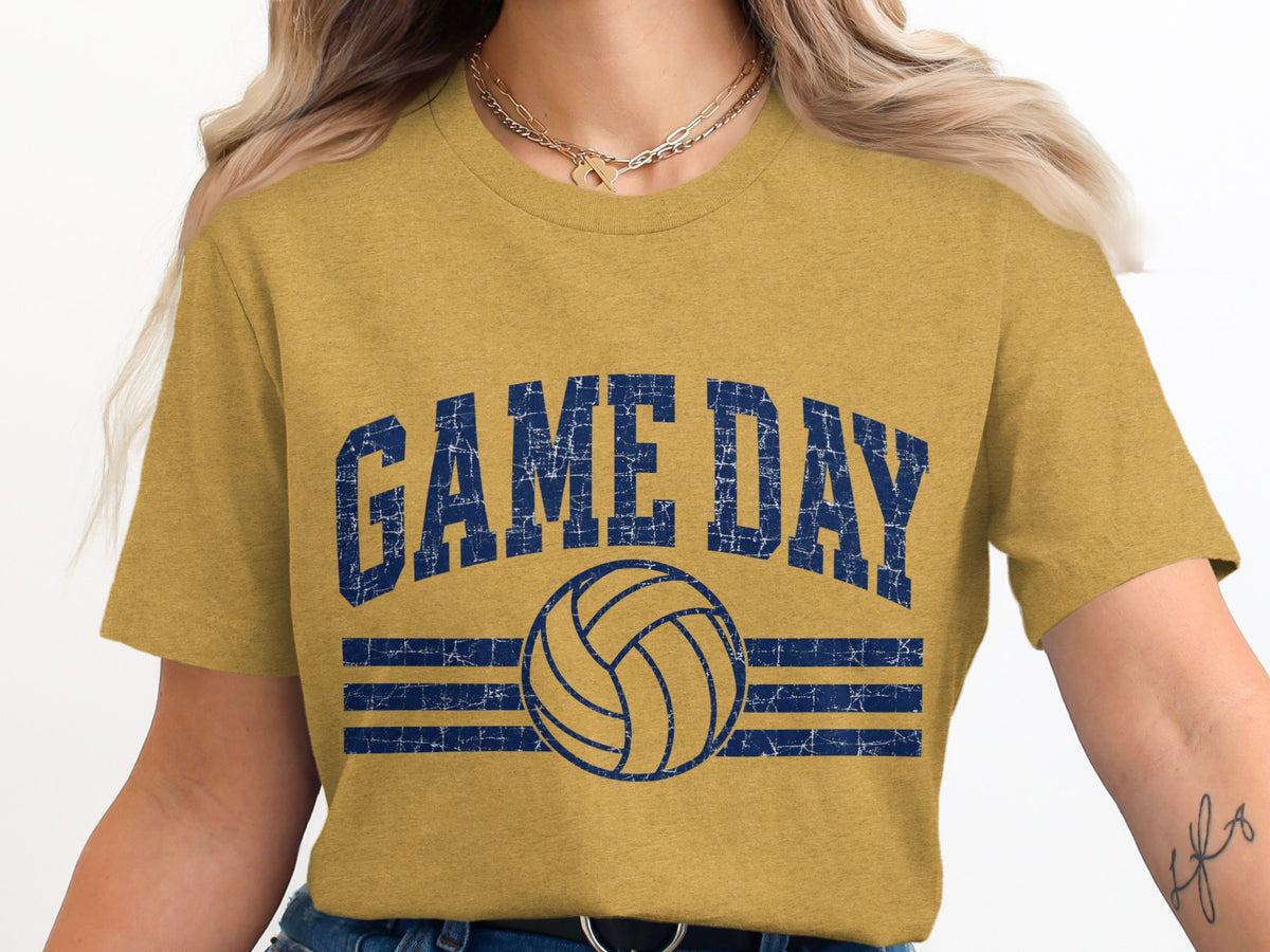 Gold t-shirt with "GAME DAY" text and a volleyball graphic.