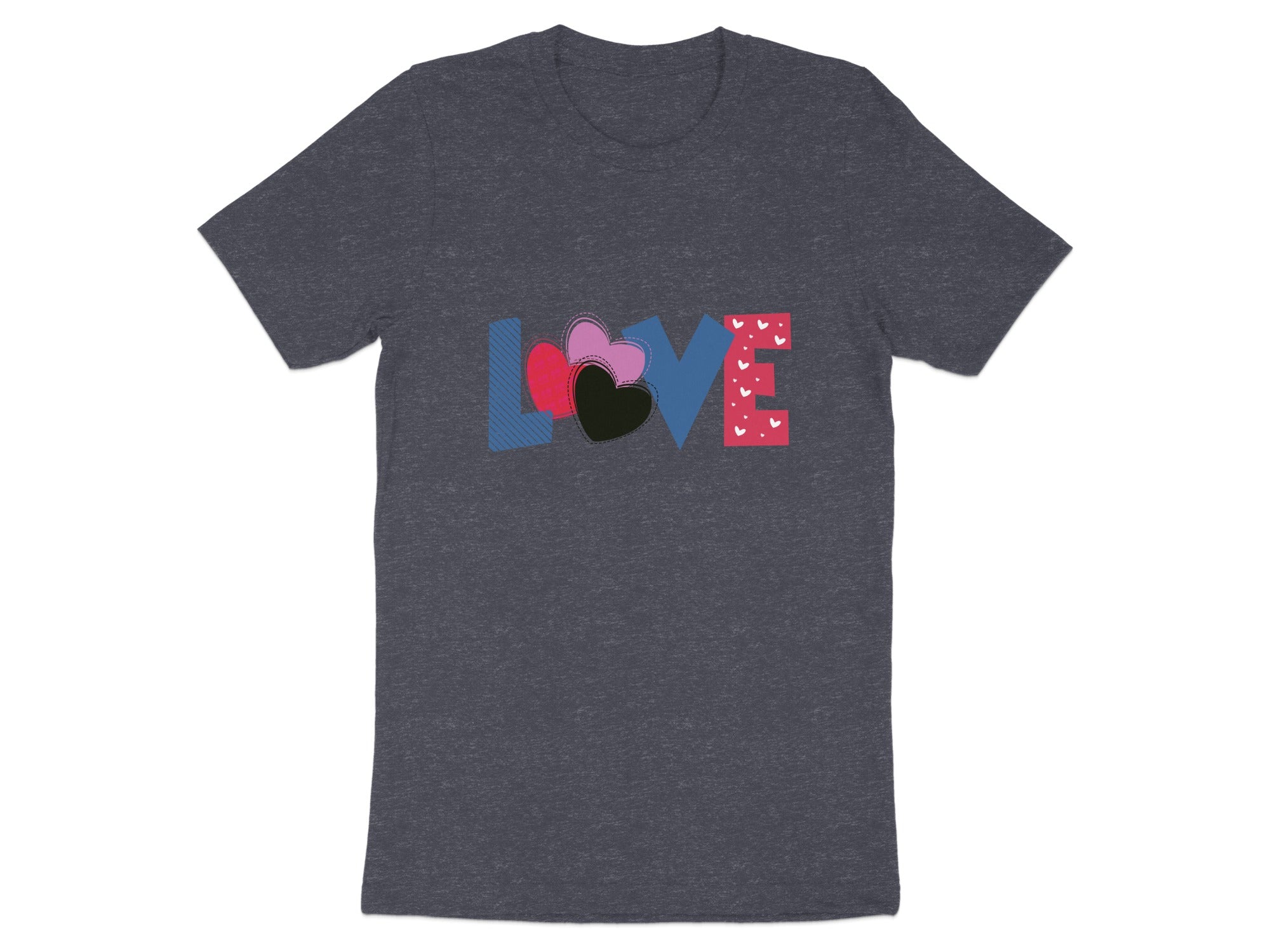 Dark grey t-shirt with the word "LOVE" in colorful, patterned letters.