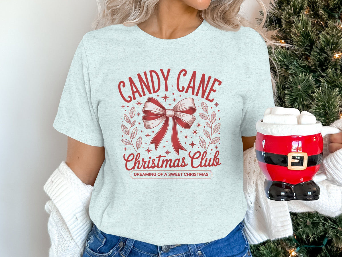 Light blue t-shirt with red Christmas design: Candy Cane Christmas Club.