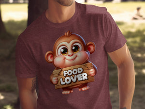 Cute cartoon monkey holding a wooden sign that says "FOOD LOVER".