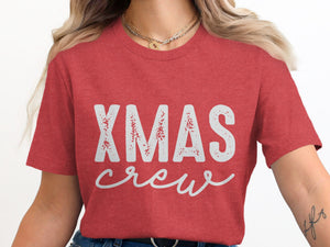 Red t-shirt with white text that reads "XMAS crew" in distressed and script fonts.