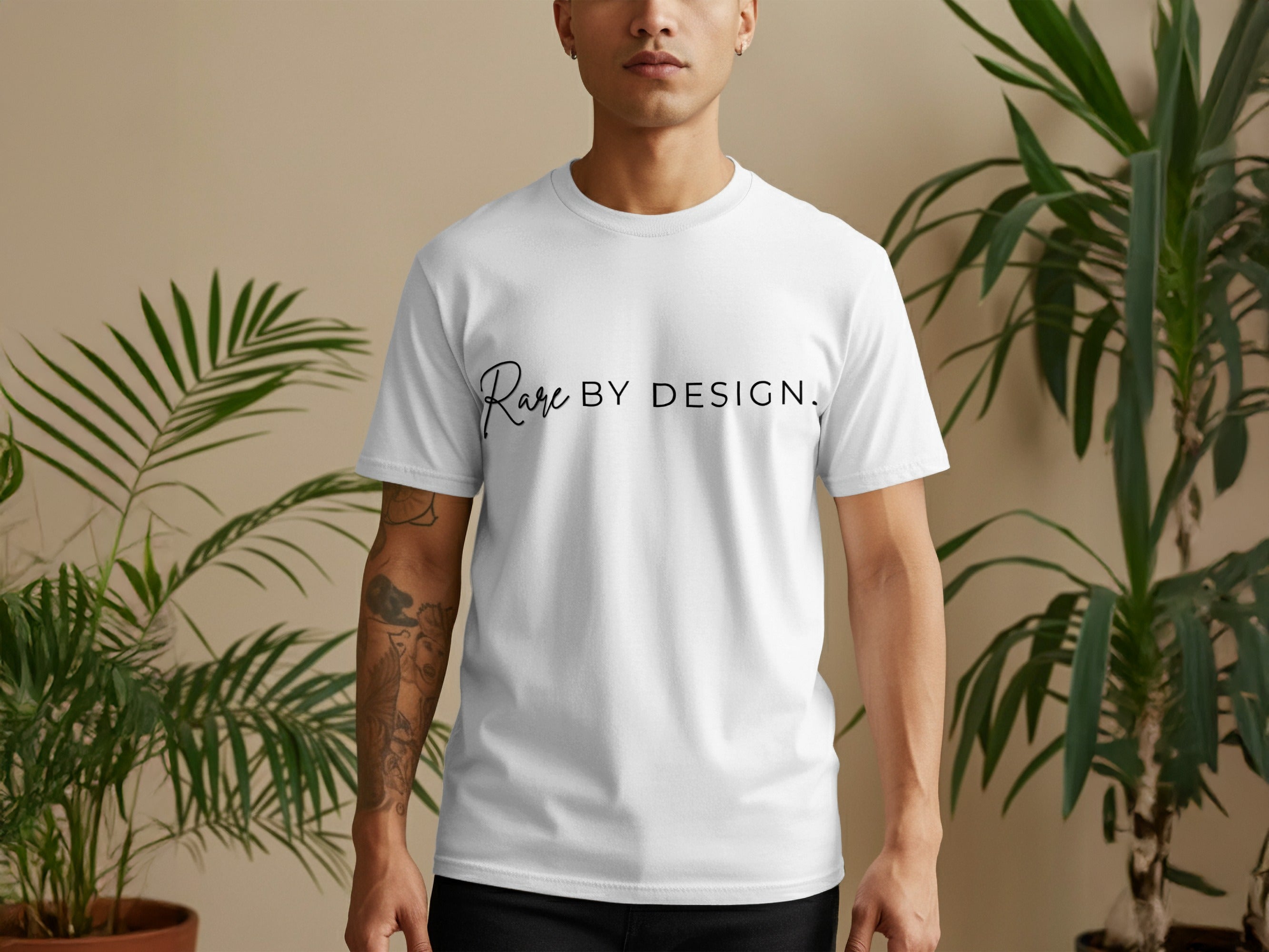 White t-shirt with "Rare BY