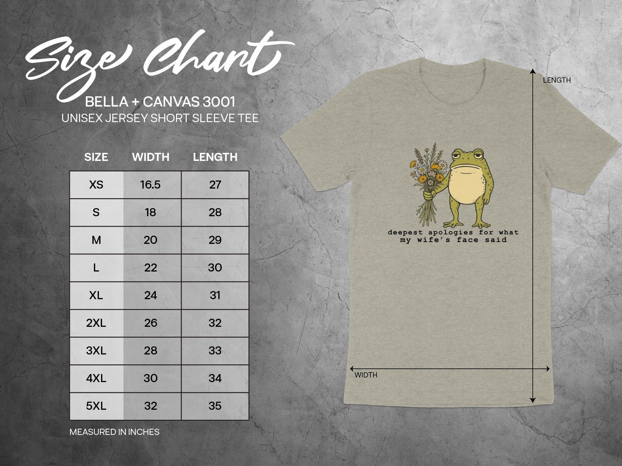Size chart for BELLA + CANVAS 3001 t-shirt with frog graphic and text.