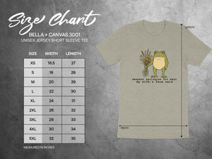 Size chart for BELLA + CANVAS 3001 t-shirt with frog graphic and text.