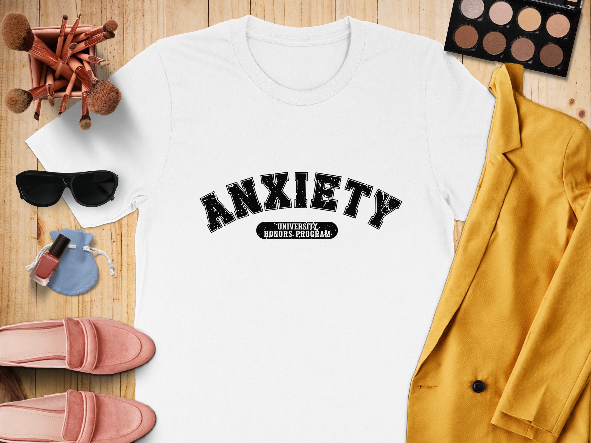 White t-shirt with black text "ANXIETY UNIVERSITY HONORS PROGRAM".