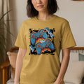 Yellow t-shirt with blue video game controllers and text reading "GAME"