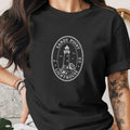 Black t-shirt with oval graphic of Sandy Point Lighthouse, N.J., 1872