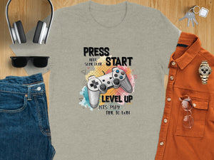 Gray t-shirt featuring a video game controller graphic with text "Level Up".