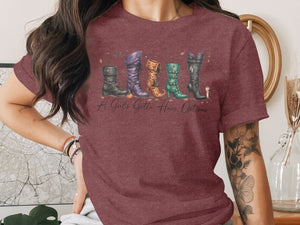 T-shirt with Halloween-themed boots and "A Girl's Gotta Have Options" text.