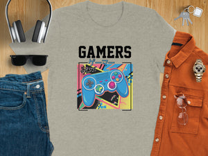 Grey t-shirt with "GAMERS" and a retro video game controller graphic.