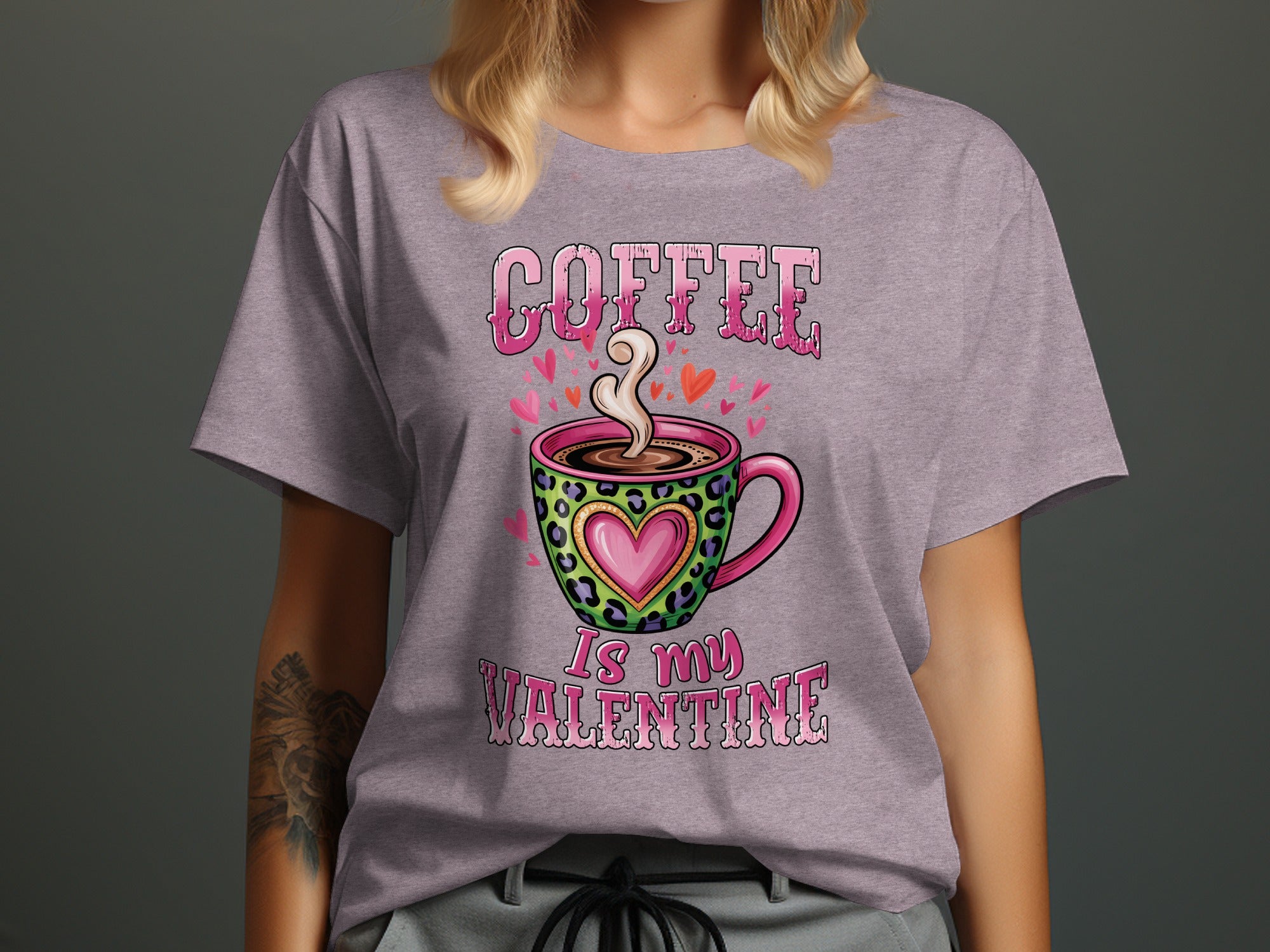 Coffee is my Valentine slogan with a steaming mug on a t-shirt.