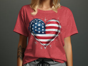 Red t-shirt with a heart graphic split between US flag stars and stripes.