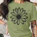 Green t-shirt with a black outline of a daisy on the front.