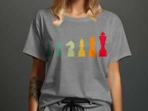 Grey t-shirt with a colorful retro chess piece graphic across the chest.