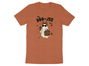 Orange t-shirt with "BOO-JEE" text, a ghost wearing sunglasses and a bow, holding a beverage and bag.